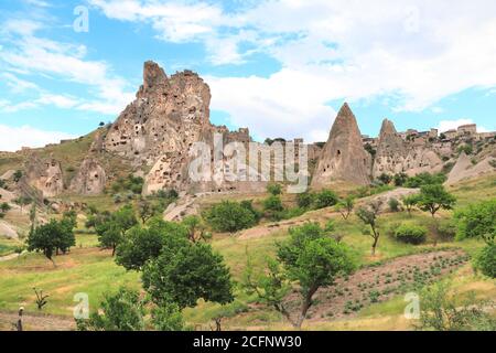 Carved houses in rocks in Pigeon Valley, Uchisar, Cappadocia, Turkey