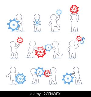 Teamwork, partnership and development concept. Set of white simple puppets with cogwheels. Collection of people with gears. Little mans links of mecha Stock Vector