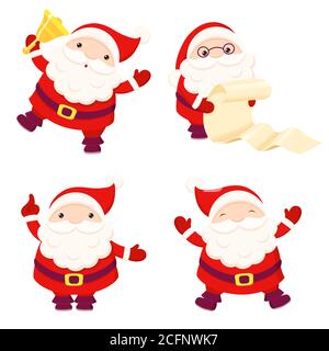 Santa Claus xmas set. Christmas collection of happy Santa Clauses in various poses - jumping, holding bell, reading list of gifts. Vector illustration Stock Vector