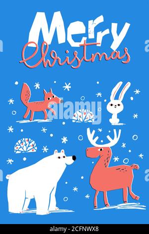 Merry Christmas vector winter poster with cute animals Stock Vector