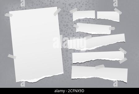 Torn of white note, notebook paper strips and pieces stuck with sticky tape on grey background created from square shapes. Vector illustration Stock Vector
