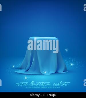 Rectangular Podium, box covered with blue silk isolated on light blue background. Gift hidden under a draped satin fabric or a podium for advertising Stock Vector