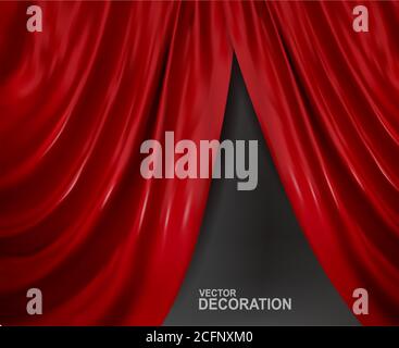 Red satin open Curtain. Realistic Vector object Isolated on gray background. Element for design. Stock Vector
