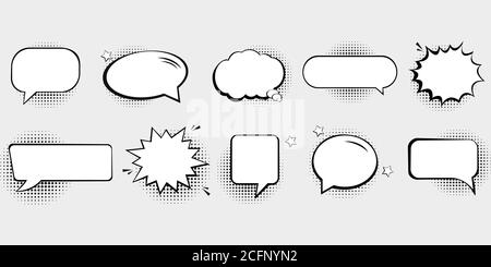 Retro empty comic speech bubbles set with black halftone shadows. Vintage design, pop art style - stock vector. Stock Vector