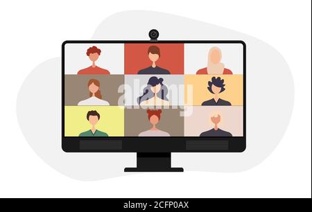 Colleagues talk to each other on the computer screen. Conference video call, working from home vector design. Stock Vector