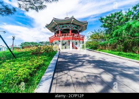 Traditional Korean pavilion from Ilsan Lake Park in the Ilsan district of Goyang, South Korea. Stock Photo