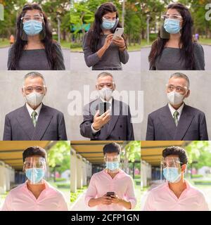 Collage of people wearing protective facial mask and face shield while thinking and using phone Stock Photo