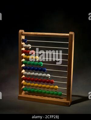 05 May 2008 Wooden Abacus With Colored Beads Isolated on Dark Background. Navi Mumbai Maharashtra India Stock Photo