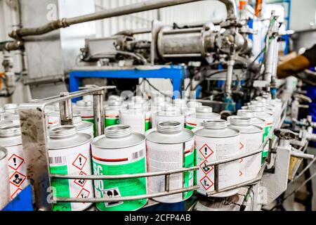 Johannesburg, South Africa - October 19, 2012: Inside interior of a glue and adhesives assembly line in a factory Stock Photo