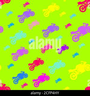 Seamless pattern of sport motorcycles in neon coloures, for wrapping paper, wallpaper, fabric pattern, backdrop, print, gift wrap, cover of notebook Stock Vector