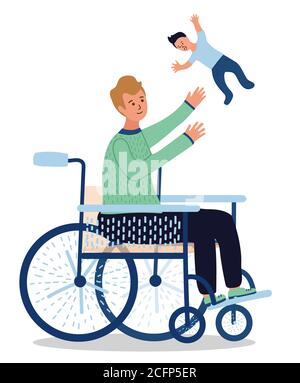 cartoon young man sit in wheelchair and toss the baby up. Black trousers and green sweater. Parenting. Father and son. Hand drawn style. isolated on Stock Vector