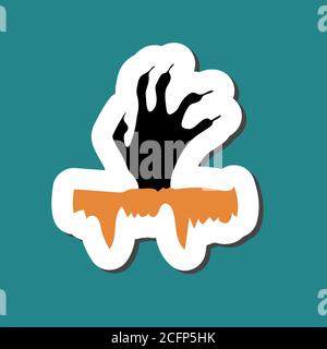 Cute Halloween sticker of scarry day symbols. Funny cartoon dead man s hand reaches out from the ground. element of Halloween is on green background. Stock Vector