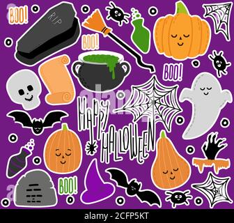 Cute Halloween set with stickers of scarry day symbols. Funny cartoon Ghost, pumpkin, poison bottle, jaws, witch hat are on white background. Stock Vector