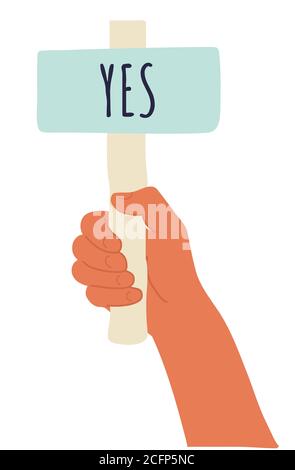 Cartoon vector illustration of Yes banner in human hand on white background. Test question. Choice hesitate, dispute, opposition, choice, dilemma Stock Vector
