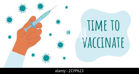 cartoon hand holds a syringe with a vaccine. Lettering Time to Vaccinate. Health care and protection banner template. Landing page. Vector Stock Vector