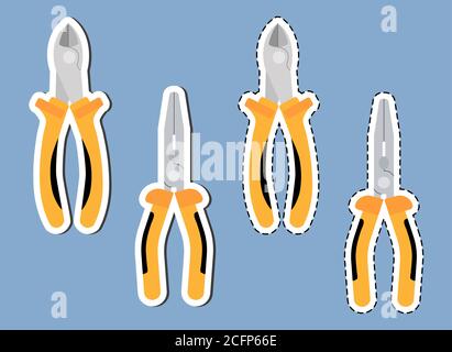 Set of yellow side cutters and pliers. Stickers with dotted line and white stroke and shadows. tools are closed, isolated on blue background, flat Stock Vector