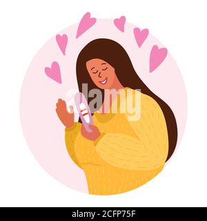 Positive pregnancy test. Young woman holds test with two stripes in her hand and smiling. Trendy hand drawn style with bright colors. pink hearts Stock Vector