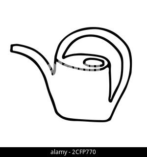 Hand drawn doodle children's watering can with a long nose and a curved handle. Black stroke. vector illustration isolated on white Stock Vector