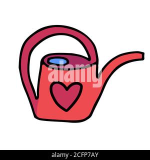 Red Hand drawn doodle children s watering can with a long nose and a curved handle. Black stroke. vector illustration isolated on white Stock Vector