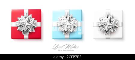 Set of gifts boxes with silver red bows and ribbons isolated on white background Stock Vector