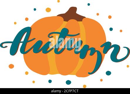 Hand drawing blue autumn lettering with shadow isolated on white background. Decorated with huge orange pumpkin. Colored dots around. beautiful Stock Vector