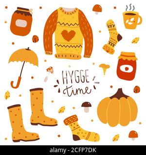 Hand drawn cartoon set of autumn icons socks, sweater, falling leaves, cup with hot drink, jam, pumpkin, mushrooms. Doodle collection of fall season Stock Vector
