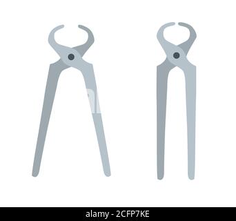 Two Colored iron cutting pliers tongs. Opened and closed Steel nippers tool icon. Grey colored handle. Flat illustration of pliers tool vector icon Stock Vector