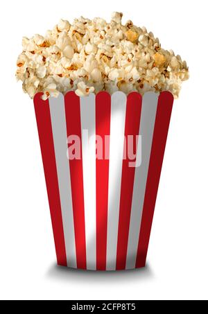 A tall classic box of theater popcorn on white background. The box is colored in red and white stripes. Stock Photo