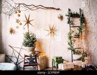 Modern beautiful and stylish new year room interior Stock Photo