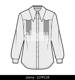 Western-inspired pintucked shirt technical fashion illustration with long sleeves, front button-fastening, exaggerated point collar. Flat template front white color. Women men unisex top CAD mockup Stock Vector