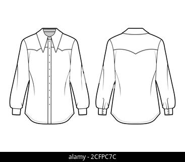 Western-inspired shirt technical fashion illustration with long sleeves with cuff, front button-fastening, exaggerated point collar. Flat template front back white color. Women unisex top CAD mockup Stock Vector