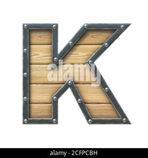 Font made of wooden board with metal frame and rivets, 3d rendering letter K Stock Photo