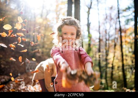 Small girl with mother on a walk in autumn forest, throwing leaves.