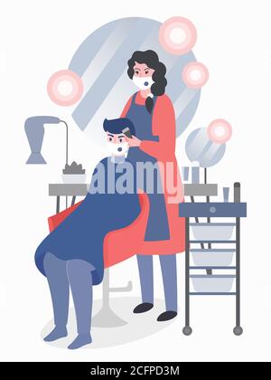 Barber shops during coronavirus pandemic. Girl hairdresser in mask services man client, considering prevention rules Stock Vector
