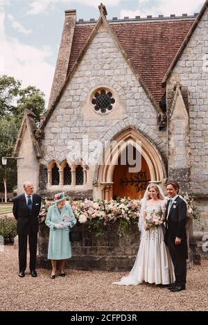 This official file wedding photograph released by the Royal Communications of Princess Beatrice and Edoardo Mapelli Mozzi shows them outside The Royal Chapel of All Saints at Royal Lodge, Windsor after their wedding with Queen Elizabeth II and the Duke of Edinburgh. Issue date: Monday September 7, 2020. Beatrice's vintage wedding dress is to go on public display at Windsor Castle. First worn by the Queen in the 1960s, it was loaned to Beatrice by her grandmother for her secret, low-key wedding. See PA story ROYAL Beatrice. Photo credit should read: Benjamin Wheeler/PA Wire NOTE TO EDITORS: Stock Photo