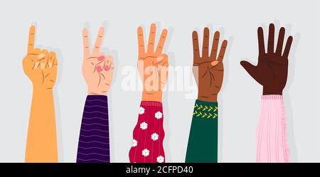 Hand gesture sign vector. Set of counting on fingers. Five wrist icons with finger count in cartoon style. Hands of people of different races. Stock Vector