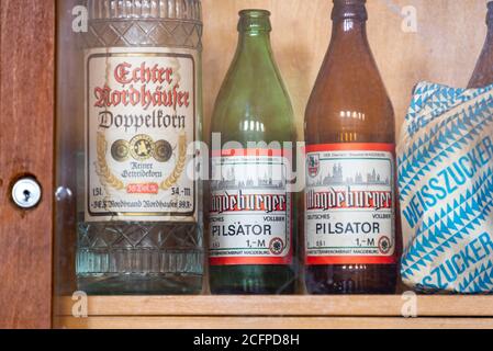 Magdeburg, Germany. 04th Sep, 2020. Empty beer bottles of the brand Magdeburger "Pilsator" are standing in a cupboard in the city hall. They are to be sold at a flea market with the entire inventory of the building. Subsequently, the Stadthalle is to be renovated within three years. Costs: around 70 million euros. The building was erected between 1926 and 1927 on the occasion of the German Theatre Exhibition in the style of New Building. The architects were Johannes Göderitz and Wilhelm Deffke. Credit: Stephan Schulz/dpa-Zentralbild/ZB/dpa/Ģ����ý Live News Stock Photo