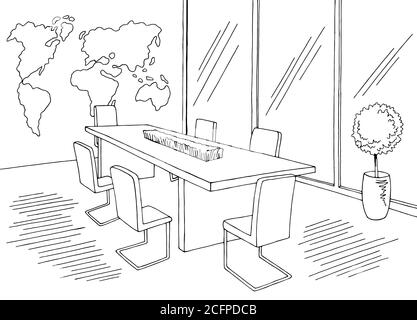 Conference room office meeting graphic black white interior sketch illustration vector Stock Vector