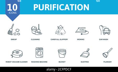 Purification icon set. Collection contain sweep, cleaning, gloves, vacuum and over icons. Purification elements set. Stock Vector