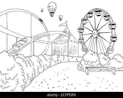 Amusement park landscape. Carnival roller coasters silhouettes, festive ...