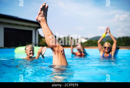 Group of seniors in swimming pool outdoors in backyard, having fun. Stock Photo