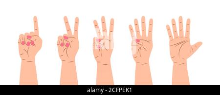Hand gesture sign vector. Set of counting on fingers. Five wrist icons with finger count in cartoon style. Stock Vector