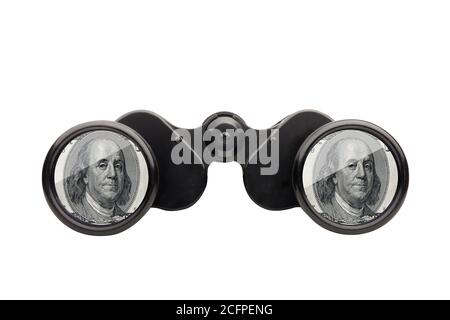 Studio shot looking through binoculars with dollar signs isolated. Stock Photo