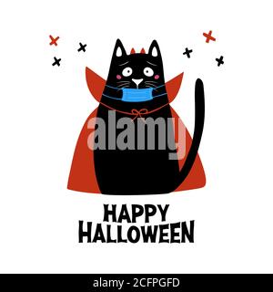 Cute cartoon cat in medical mask wear vampire costume with horns and cloak. Doodle cross elements and Happy Halloween lettering. Holiday card Stock Vector