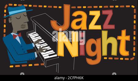 Retro style illustration of a man playing the piano. Next to it, the phrase “Jazz Night” is written. Stock Vector