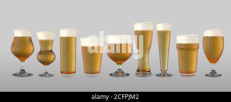 https://l450v.alamy.com/450v/2cfpjm2/various-shaped-beer-glasses-filled-with-beer-and-a-head-of-foam-on-an-isolated-background-3d-renders-2cfpjm2.jpg