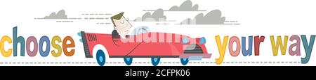 A retro style horizontal banner of a man driving a red cabriolet. Stock Vector