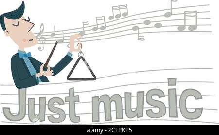 A banner in retro style with a musician playing the musical triangle. In the background there is a staff with musical notes and the phrase “Just music Stock Vector