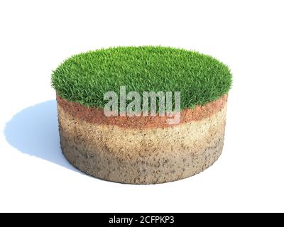 3d rendering. Round soil ground cross section with green grass on white ...