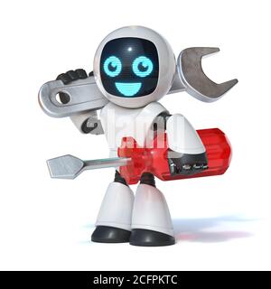 Repair robot holding wrench tool and screwdriver, IT support, 3d rendering Stock Photo